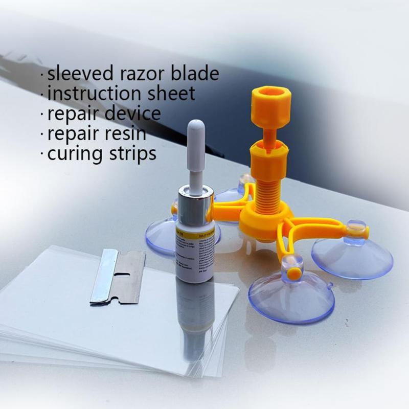 Auto glass crack repair kit: yellow injector, resin tube, razor blade, curing strips