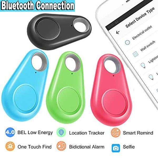 Bluetooth tracker tags with lanyard holes: black, blue, green, pink.