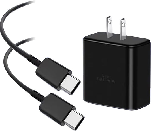 USB-C fast charger with 10 ft cable and dual-prong plug, black