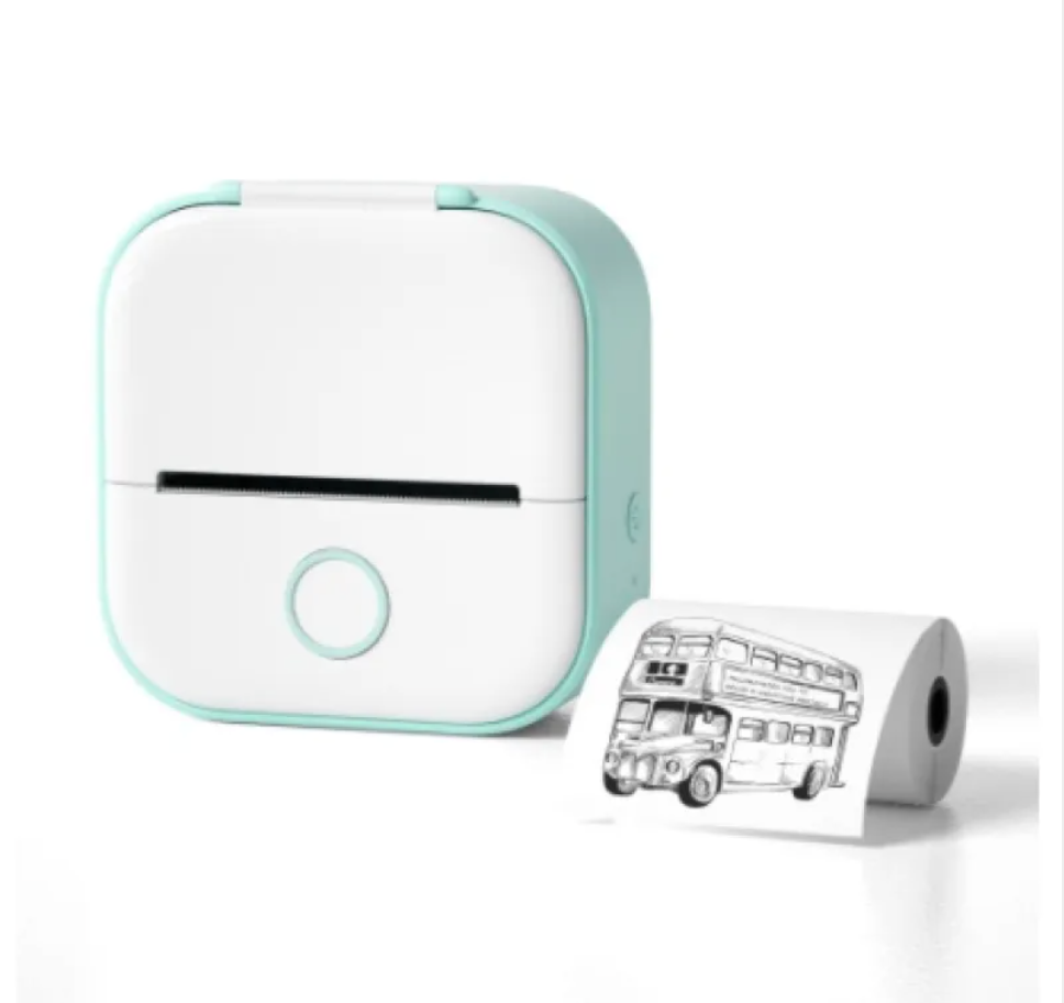 Teal and white mini Bluetooth label printer front view with label roll