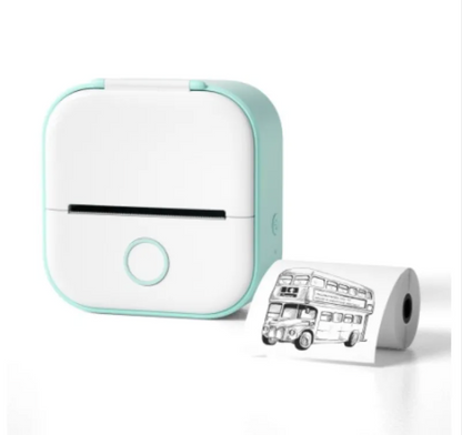 Teal and white mini Bluetooth label printer front view with label roll