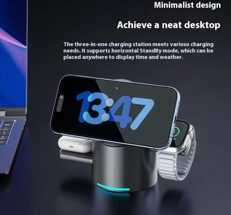 3-in-1 charging station holding a smartphone on a watch charging base