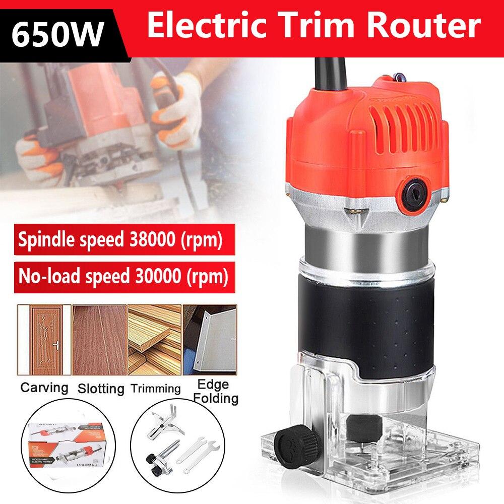 Electric trim router with red motor housing and transparent base