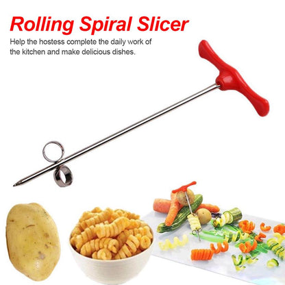 Spiral potato cutter with red handle and metal rod; includes whole potato and spiral slices