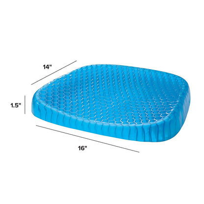 Blue silicone egg seat cushion dimensions: 16 in long, 14 in wide, 1.5 in high
