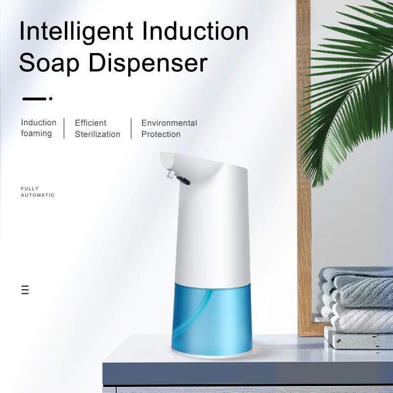 Automatic touchless foam soap dispenser, white body with blue base on countertop