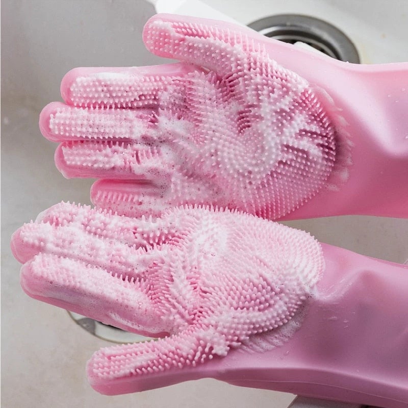Pink silicone dishwashing gloves with raised scrub nubs for washing