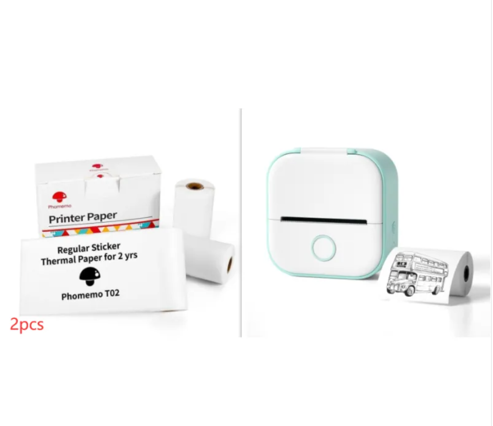 Teal and white mini Bluetooth label printer kit with paper roll and label sheet pack