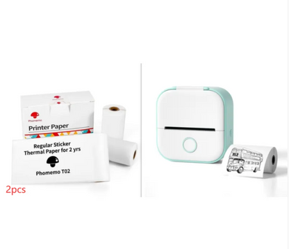 Teal and white mini Bluetooth label printer kit with paper roll and label sheet pack