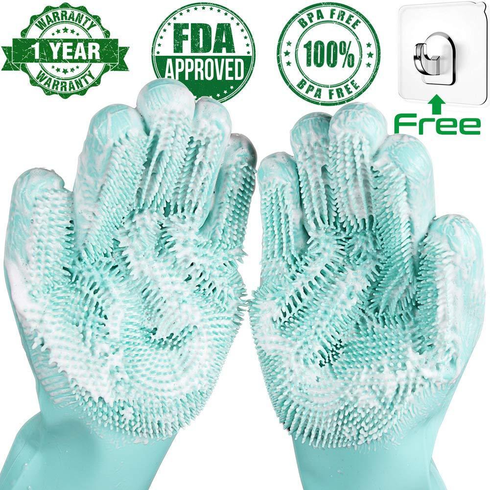 Pair of light aqua silicone dishwashing gloves with dense raised scrub texture