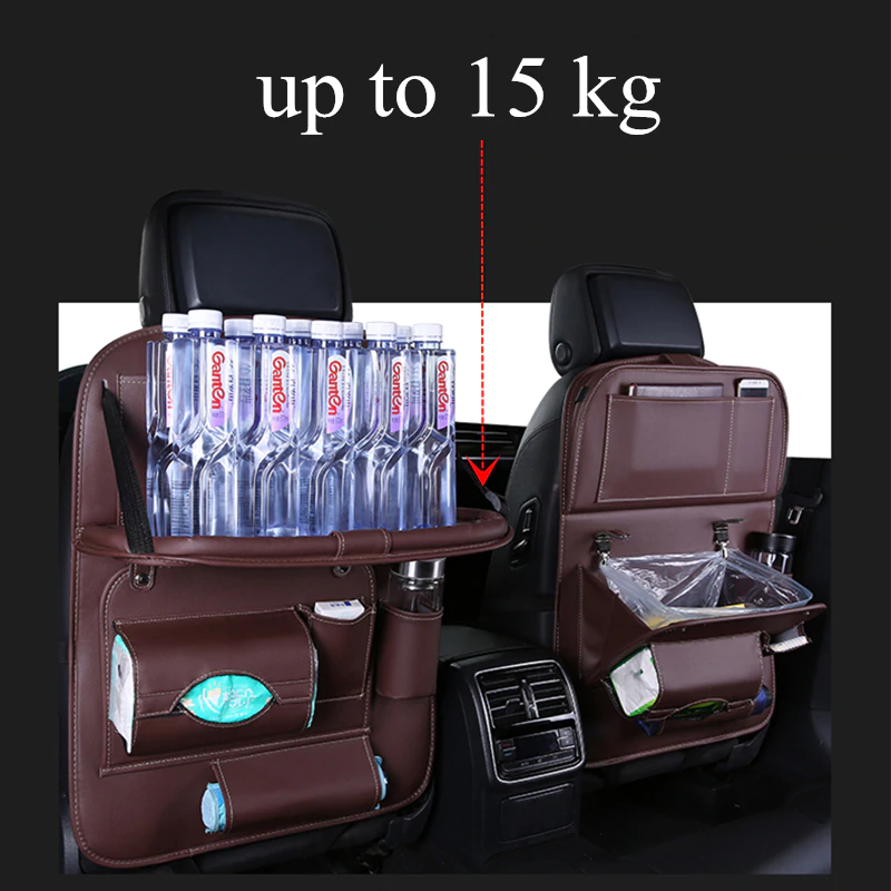 Car seat organizer with tray in dark brown leather, showing capacity with bottled drinks inside.