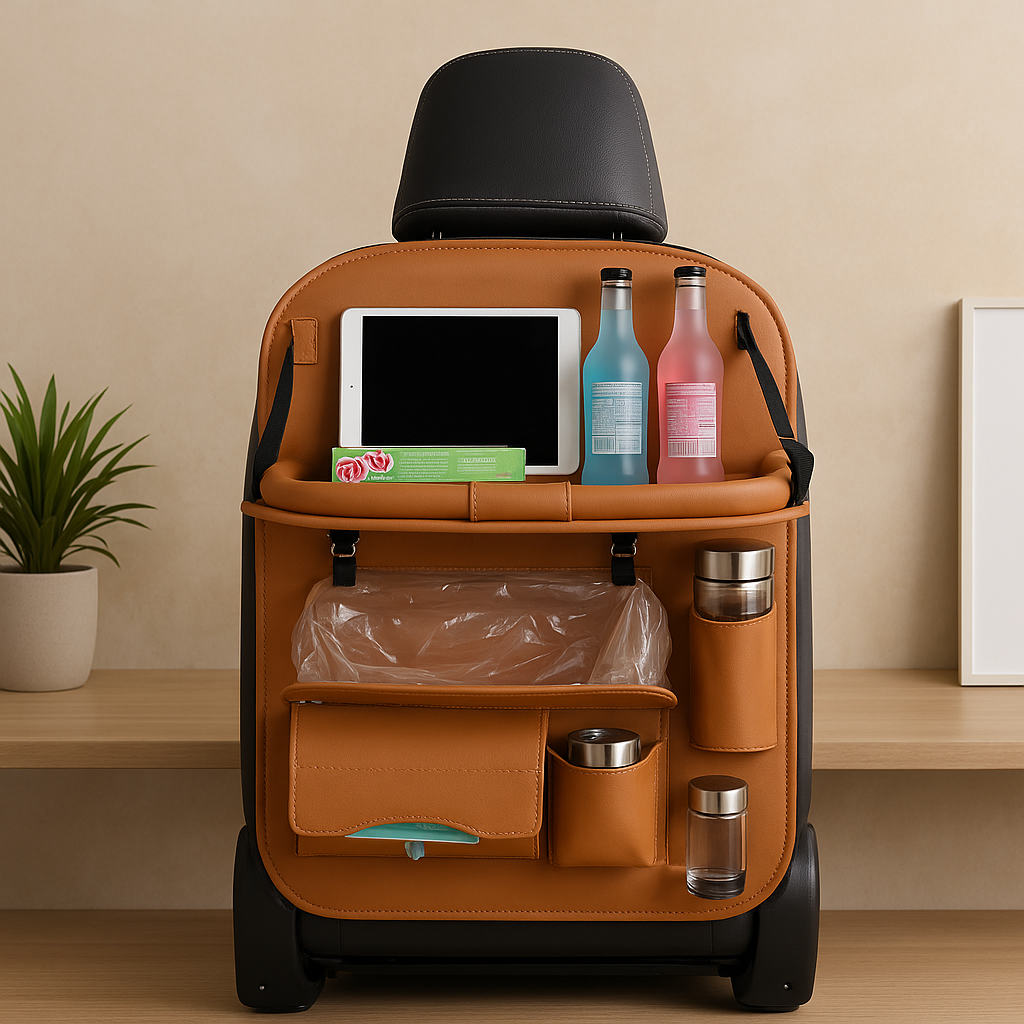 Car seat organizer with tray in brown leather, fully loaded with bottles, tablet, and pouch.