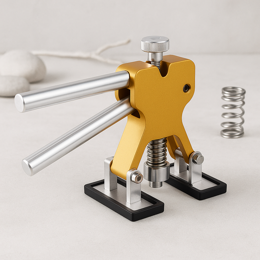 Gold dent puller tool with two support rods and spring-loaded press base