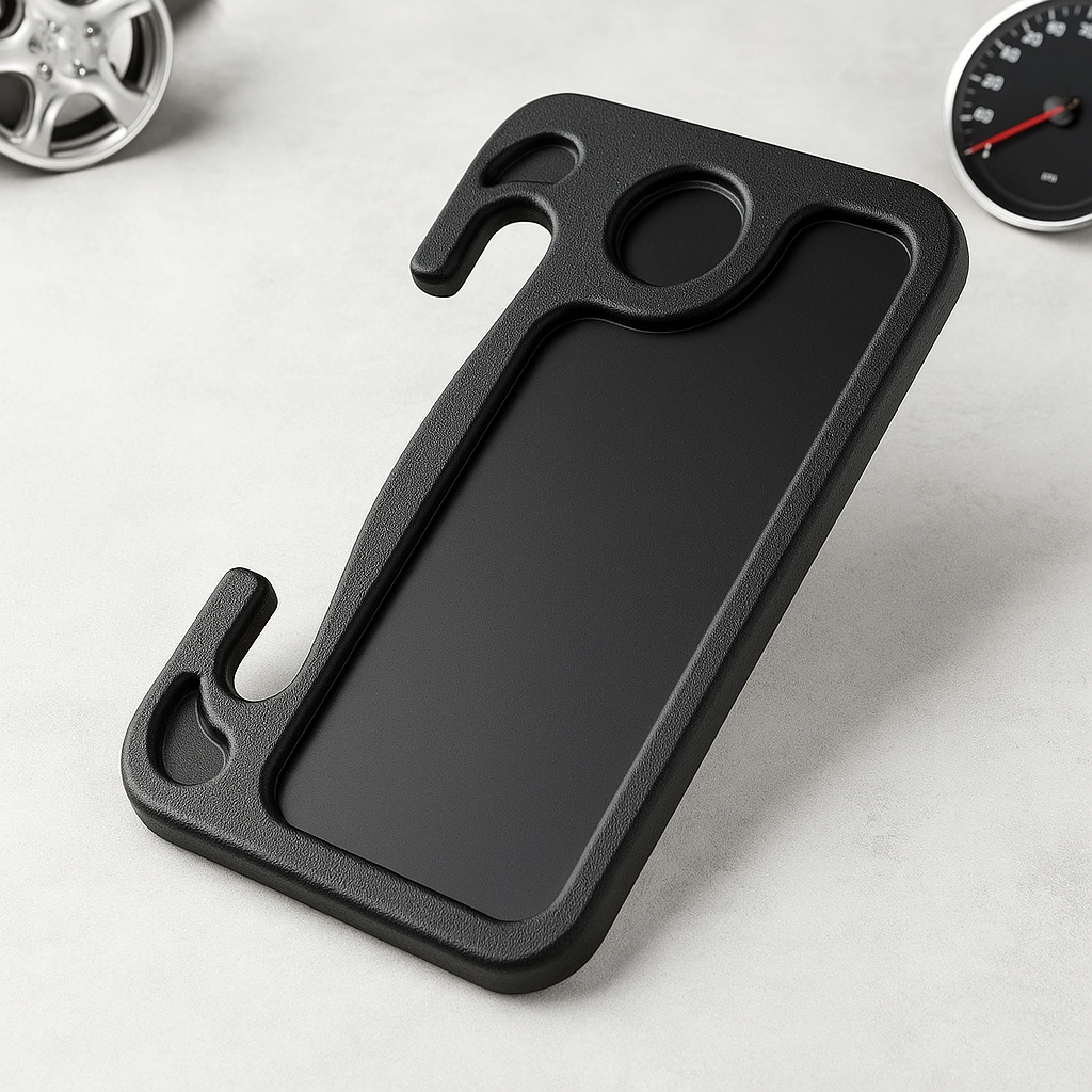 Black textured car steering wheel tray with cup holder and two handle grips