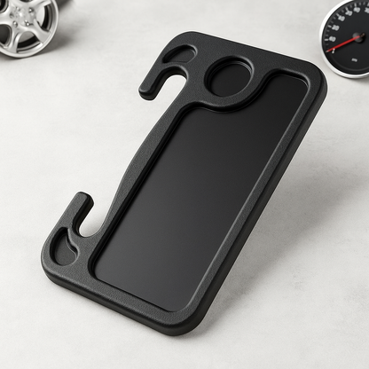 Black textured car steering wheel tray with cup holder and two handle grips