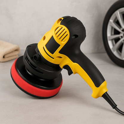 Electric car polisher with yellow-and-black handheld body and red foam polishing pad