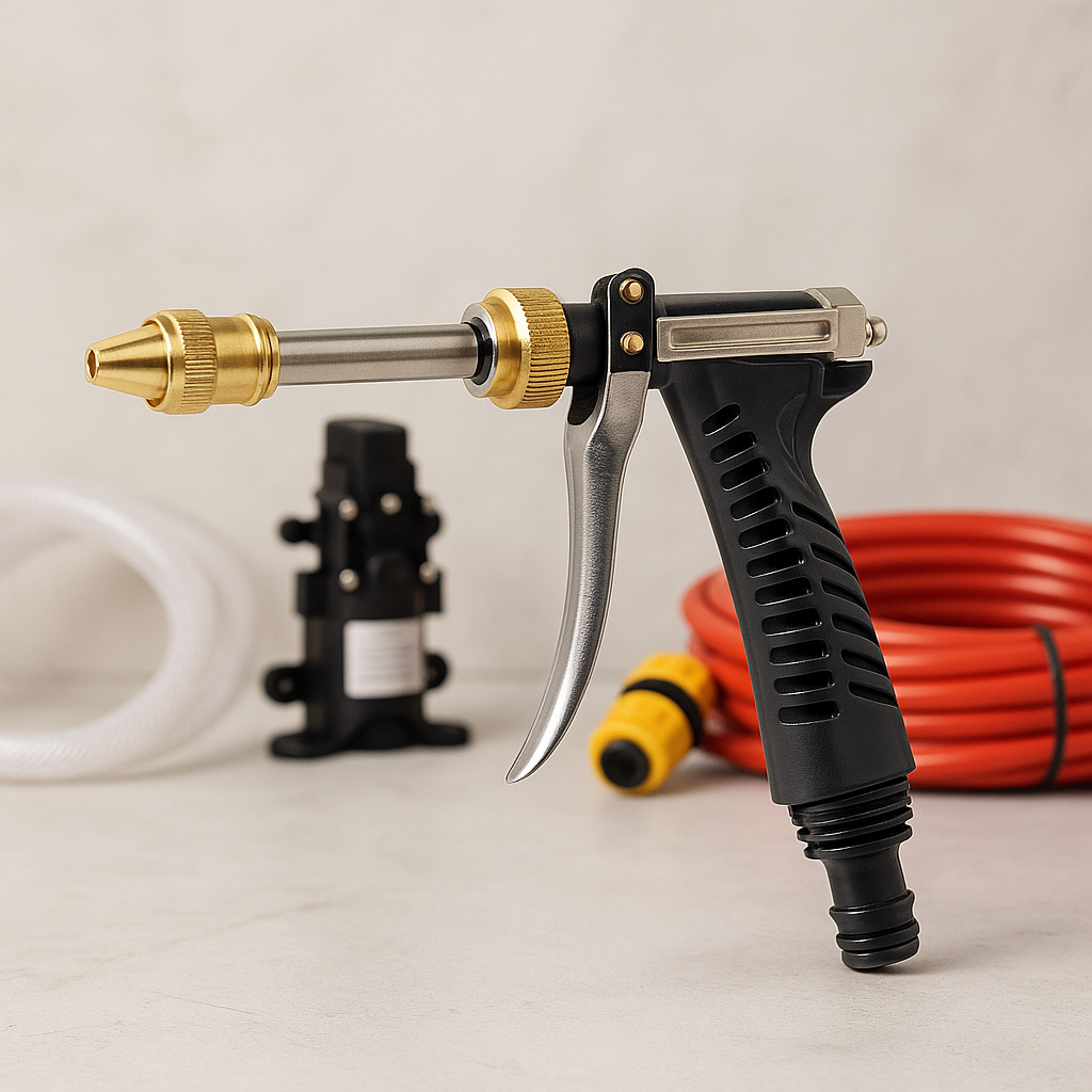High-pressure car wash spray gun with brass nozzle, black trigger handle, and shielded grip