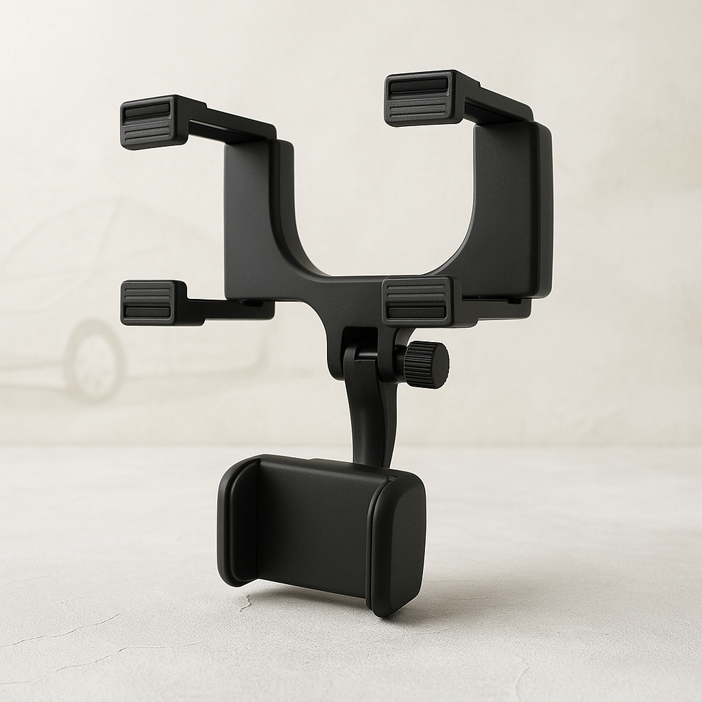 Black 360° rearview mirror phone holder with adjustable side clamp arms