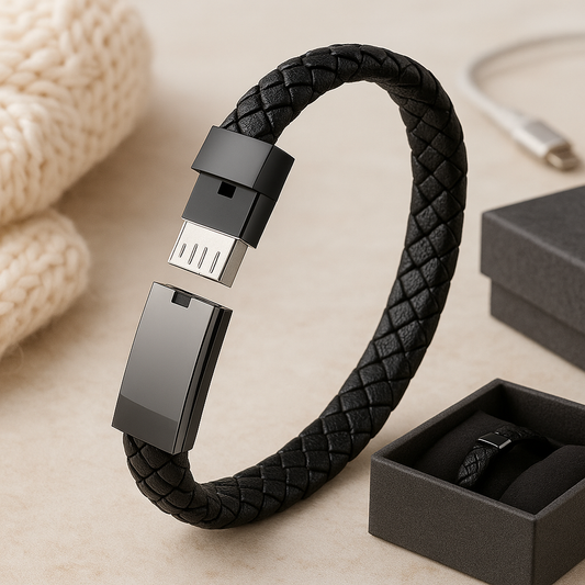 Black braided leather USB bracelet charger with dual metal connectors.