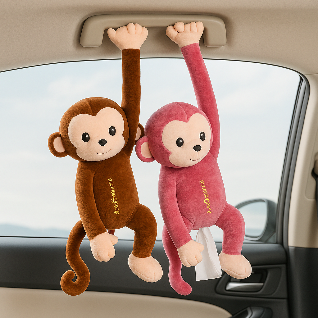 Hanging plush monkey tissue holder, brown and pink stuffed animals with tissue pouch