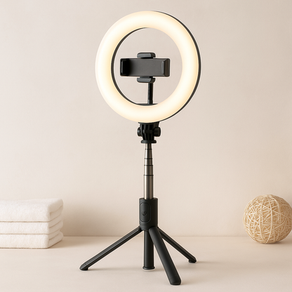 Ring light selfie stick with tripod base and phone holder, glowing circular LED