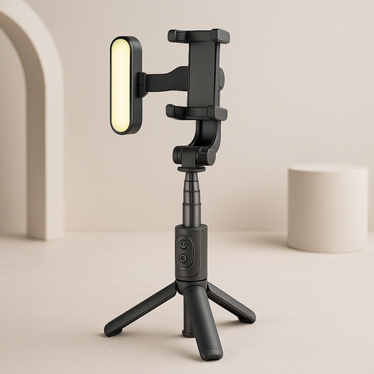 Portable handheld gimbal stabilizer with LED fill light and foldable tripod legs
