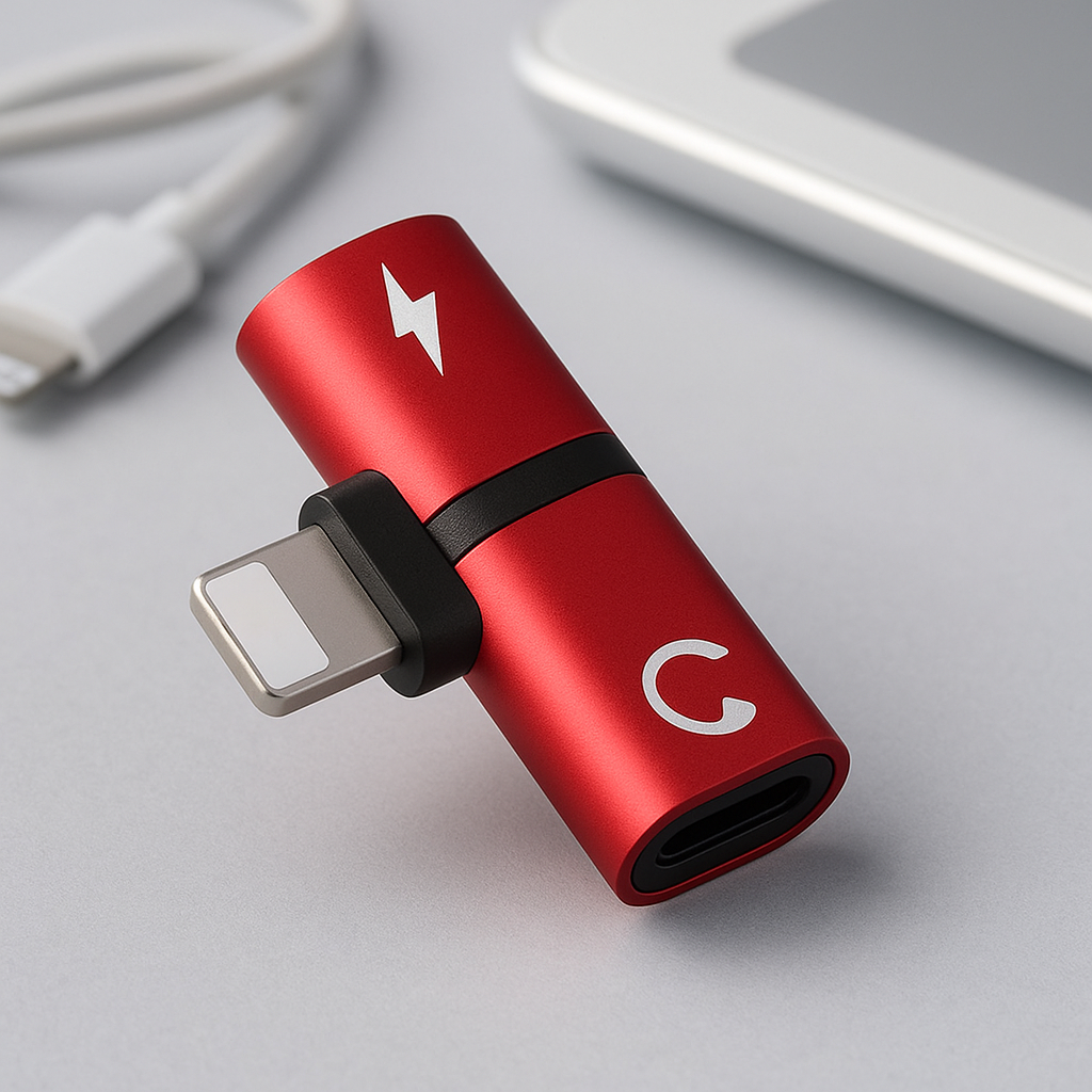 2-in-1 audio and charging adapter, red aluminum body with USB-C plug and audio port