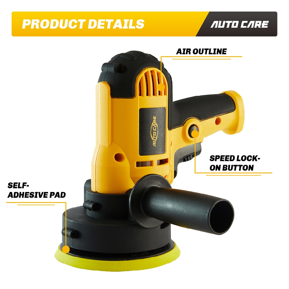 Electric car polisher base with yellow housing, black handle, and circular foam pad