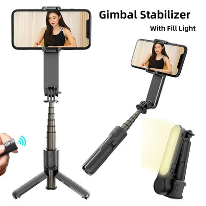Phone gimbal stabilizer with LED fill light, tripod legs, and handheld grip