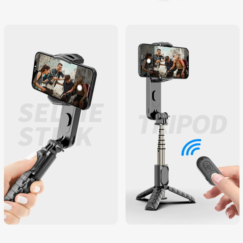 Gimbal stabilizer with phone holder and LED fill light, hands-on setup with tripod