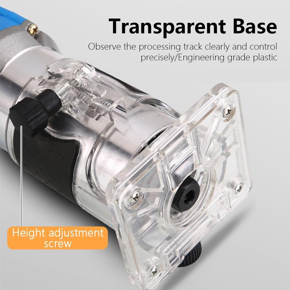 Trim router with transparent base and black height adjustment feature