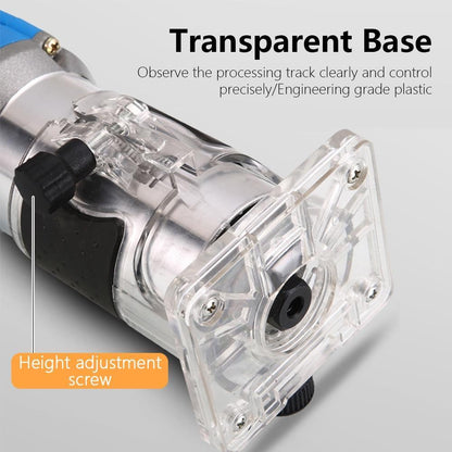 Trim router with transparent base and black height adjustment feature
