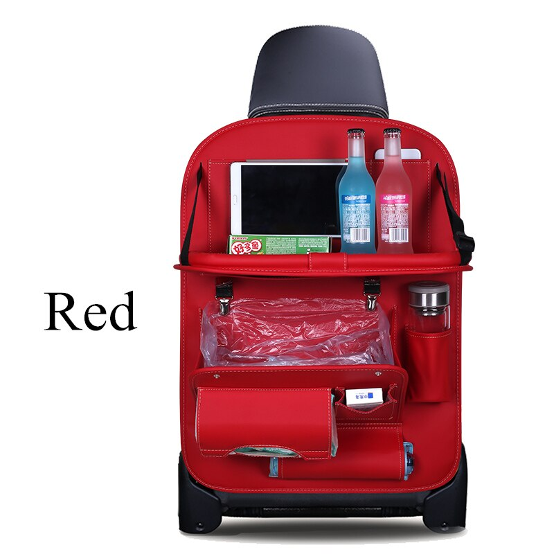 Car seat organizer with tray in red leather with tablet slot, bottle holders, and storage pouches.
