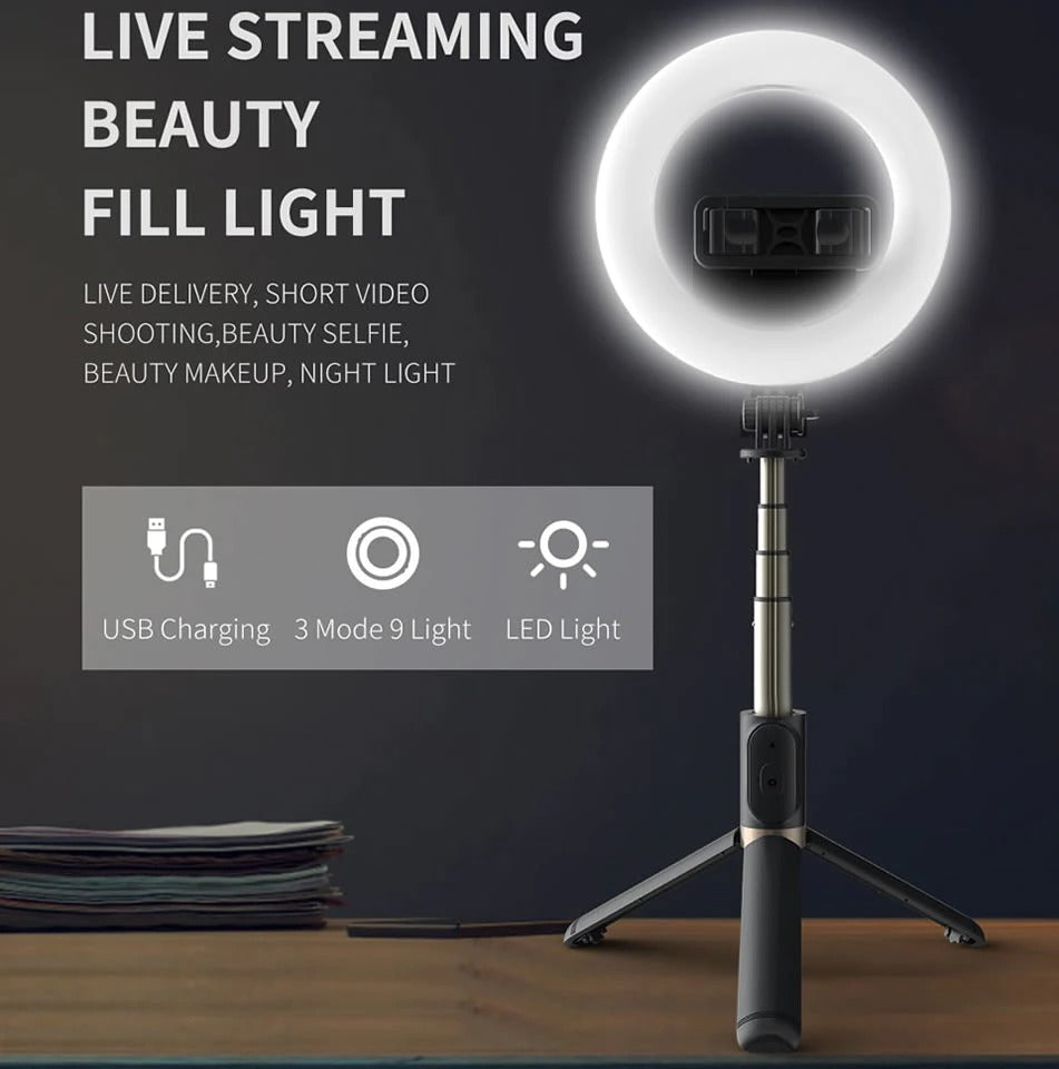 Ring light selfie stick with circular LED ring and three-leg tripod stand