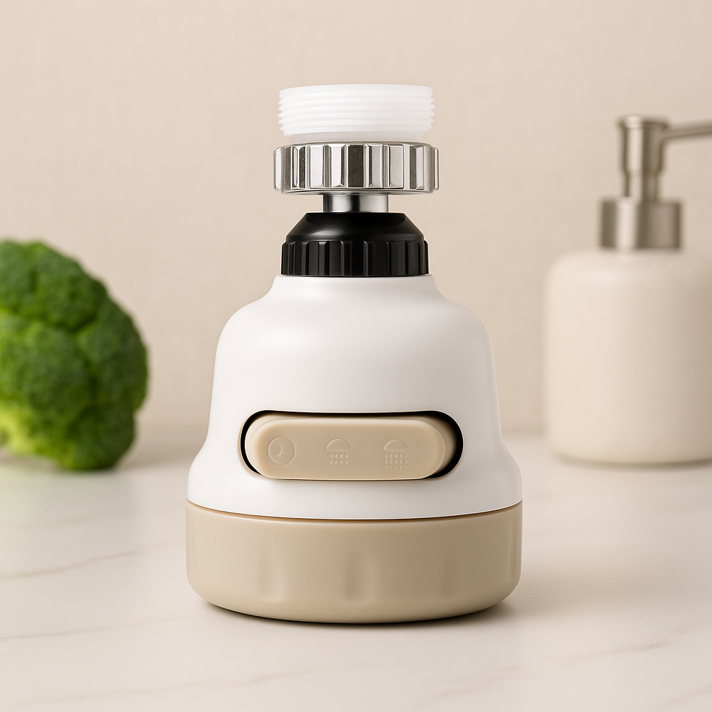White 3-mode faucet aerator with chrome top, black ring, and side control buttons
