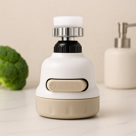 White 3-mode faucet aerator with chrome top, black ring, and side control buttons