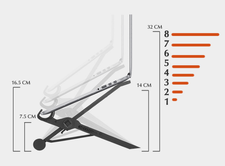 Diagram of black adjustable laptop stand with height measurements and scale marks