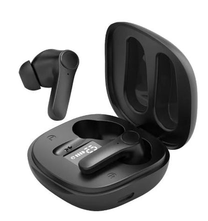 Black wireless Bluetooth translator earbuds with open charging case and lid