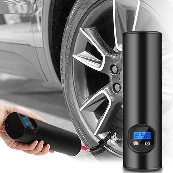 Mini tire air pump held to wheel valve, showing blue 250 display