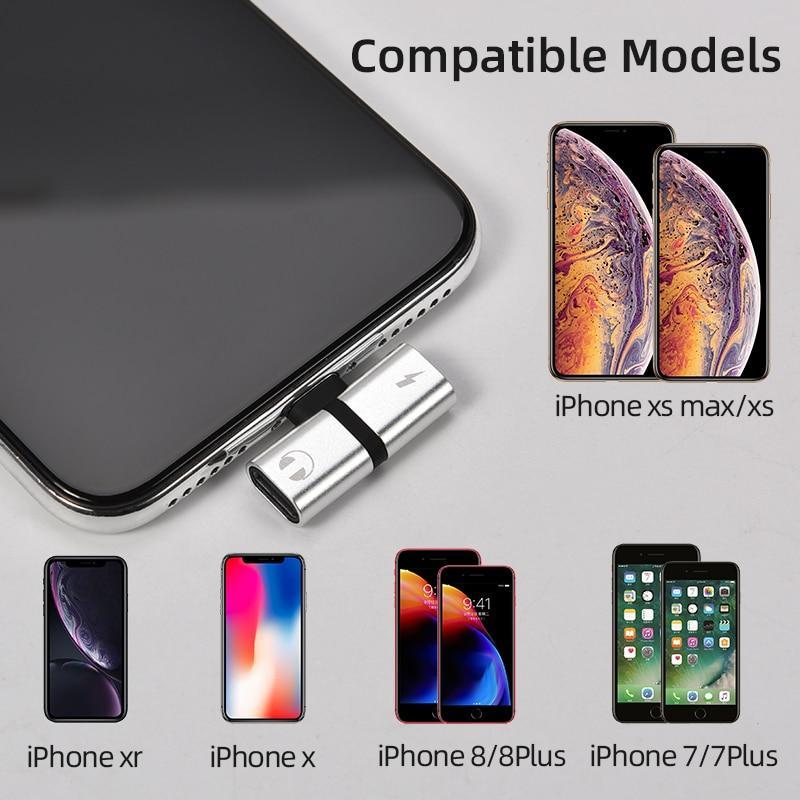 2-in-1 audio and charging adapter plugged into iPhone USB-C port, silver connector