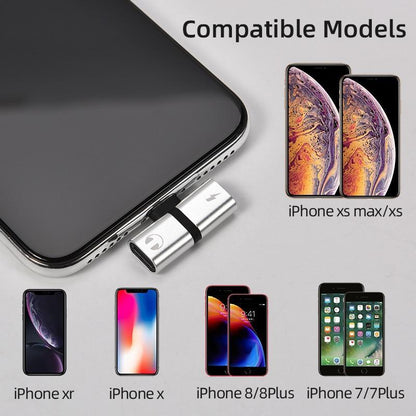 2-in-1 audio and charging adapter plugged into iPhone USB-C port, silver connector