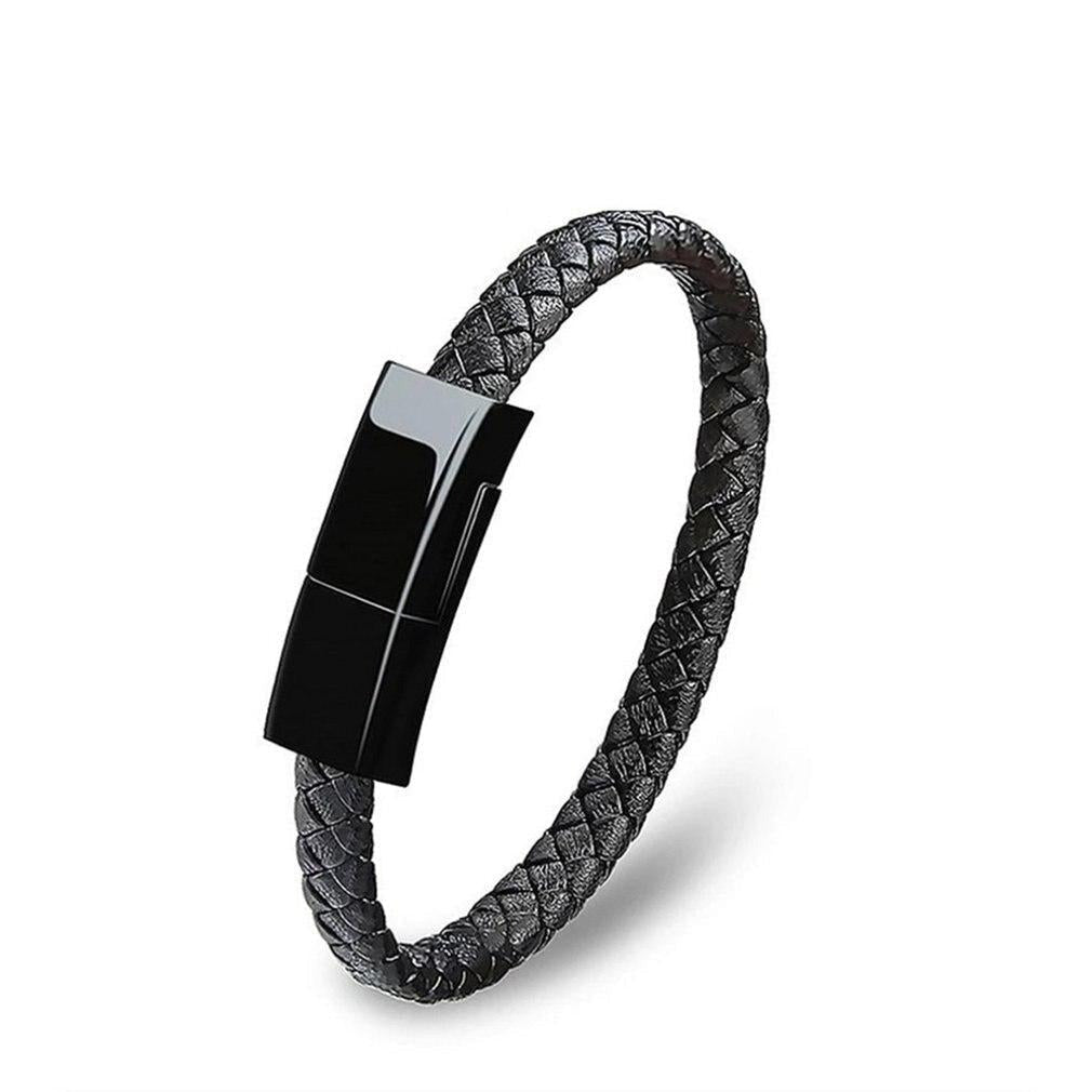 Black braided leather USB bracelet charger with metal connector tip.