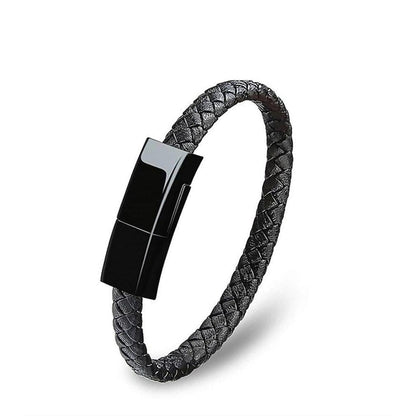 Black braided leather USB bracelet charger with metal connector tip.