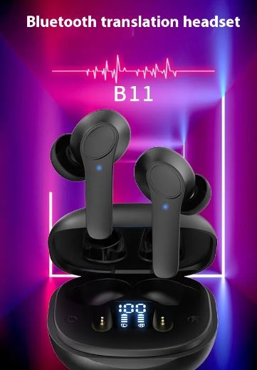 Black wireless Bluetooth translator earbuds with open charging case