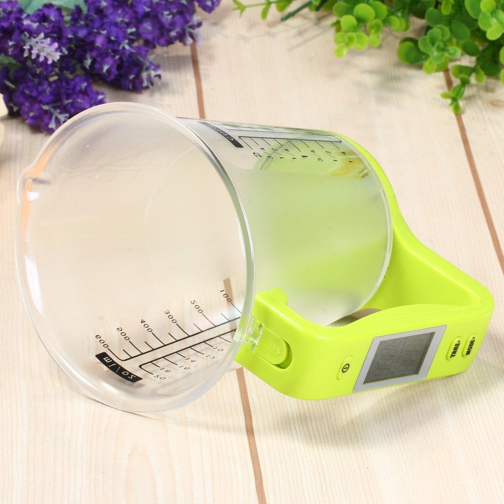Lime-green digital LCD measuring cup scale with clear cup and side display