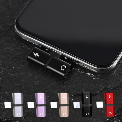 2-in-1 audio and charging adapter attached to phone bottom, black USB-C connector