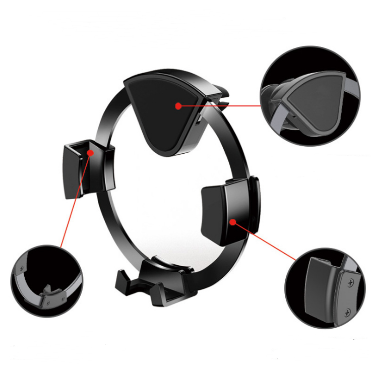 Black 360° air vent phone holder with metal cradle and adjustable clamp arms