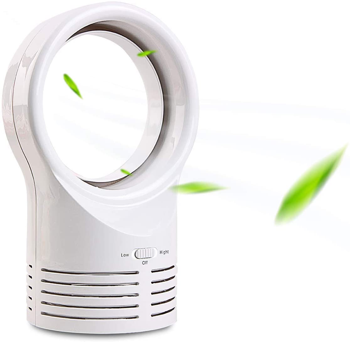 White bladeless desktop cooling fan with circular ring and horizontal vent slots