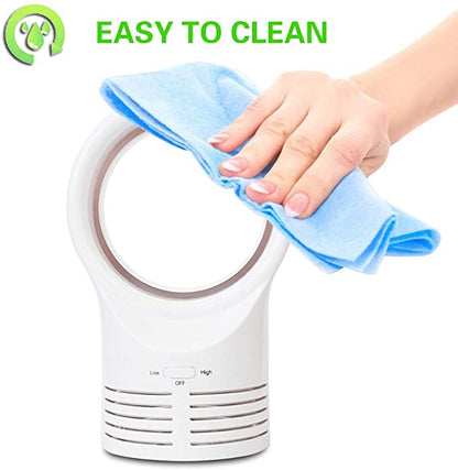 White bladeless desktop cooling fan being wiped with cloth over the front vents