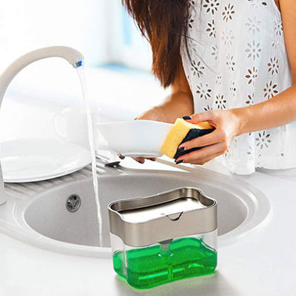 Double layer sponge and soap rack at sink with yellow sponge; grey caddy and green soap reservoir